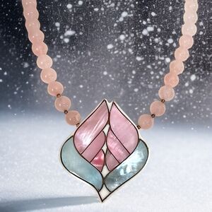 Lee Sands Necklace Mother Of Pearl MOP Inlay Flower Rose Quarts Beads Unsigned